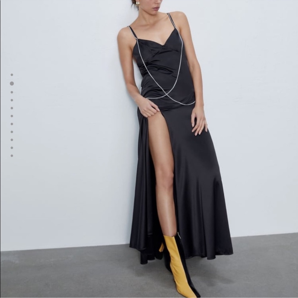 NWT ZARA BLACK SATIN MAXI SLIP DRESS WITH CHAINS S